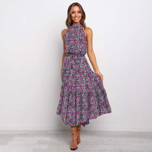 2025 European and American cross-border Amazon women's long skirt foreign trade hot new halterneck polka dot print lace-up dress