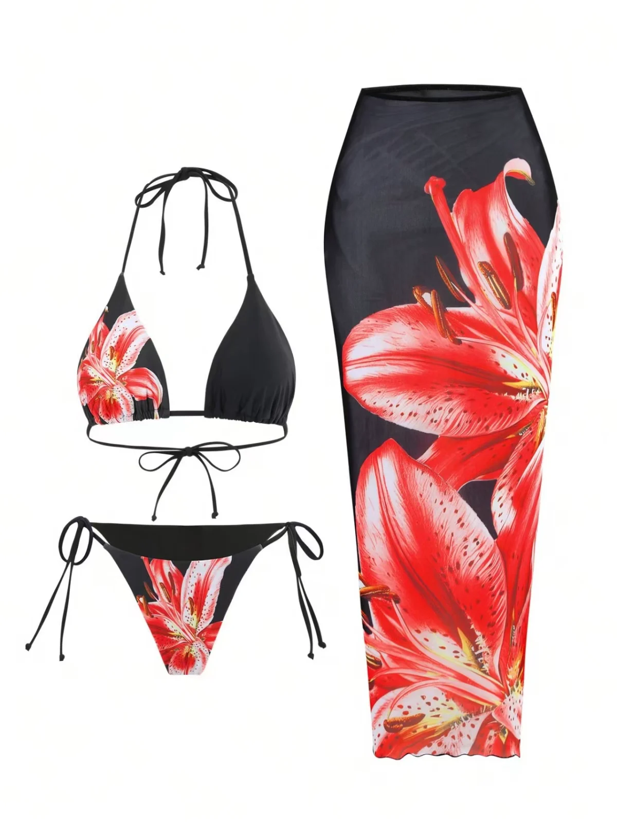 The new foreign trade cross-border European and American style sexy print three-piece swimsuit Amazon charm lily fixed print - Image 6