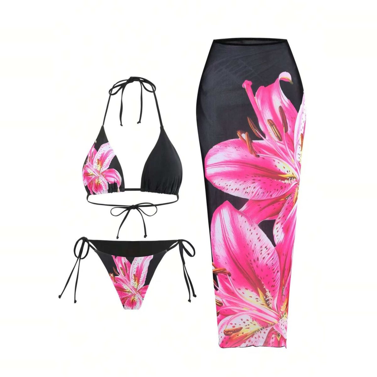 The new foreign trade cross-border European and American style sexy print three-piece swimsuit Amazon charm lily fixed print - Image 5