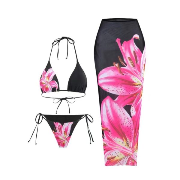 The new foreign trade cross-border European and American style sexy print three-piece swimsuit Amazon charm lily fixed print